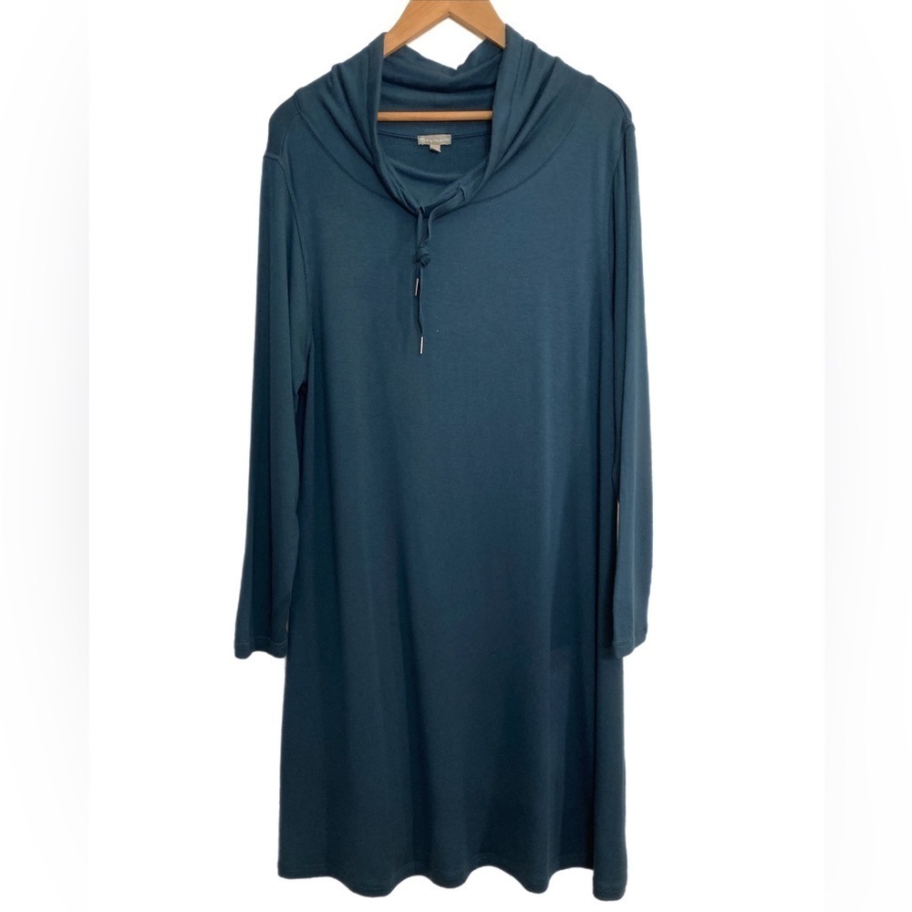 T by Talbots teal cowl neck w/ drawstring long sleeve athleisure dress